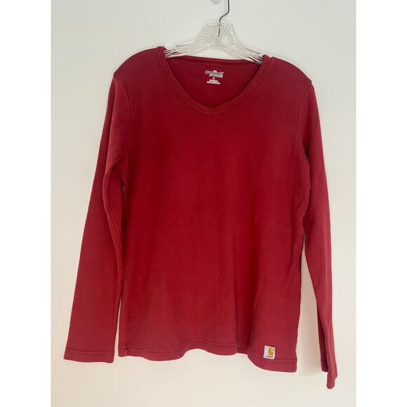 Carhart Womens Vintage Faded Red Long Sleeve V Neck Shirt Large 12-14 Layering - Picture 1 of 9